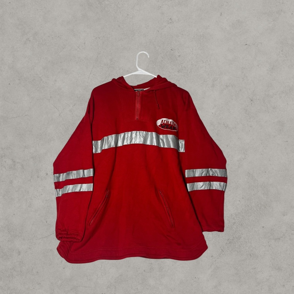 Vintage Athletic Wear Red Fleece Quarter Zip Reflective Stripe Hoodie Mens XL
